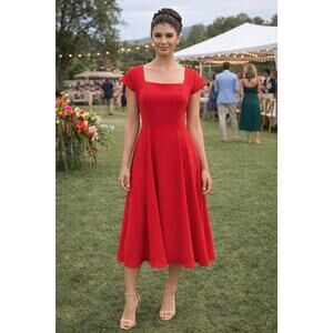 Gal Meets Glam Orange Midi Dress Fit Flare Square Neck Pockets Elegant Classic